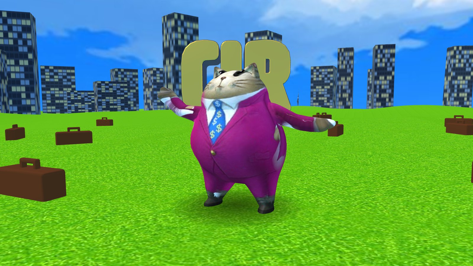 a fat cat in a magenta suit on a green hill